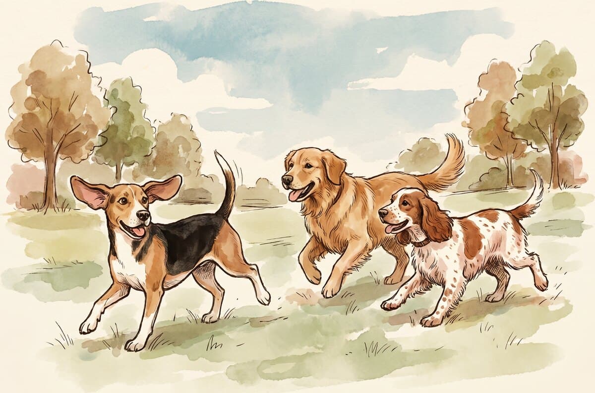 Dogs running free off-leash in a sunny park